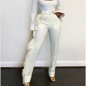 Real ostrich feather trimmed white pants